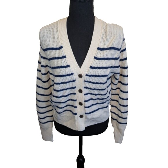 Madewell Soft Wool V-Neck Cardigan Sweater in Stripe Cashmere Classic Medium - Picture 1 of 11